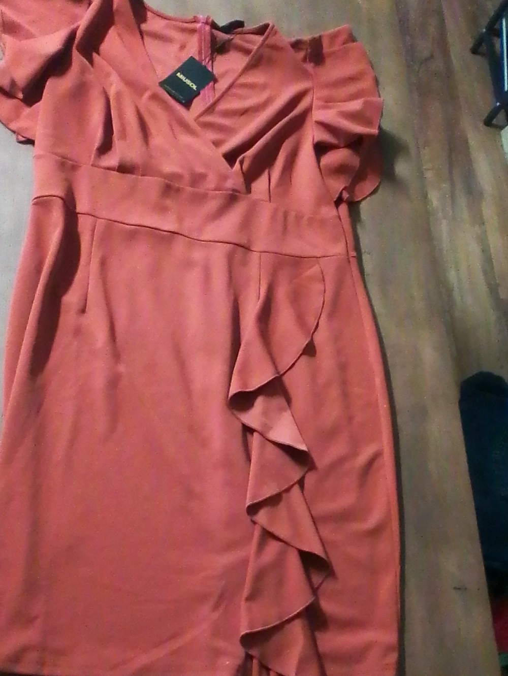 Miusol Rust-Orange Ruffle Wrap Midi Dress
